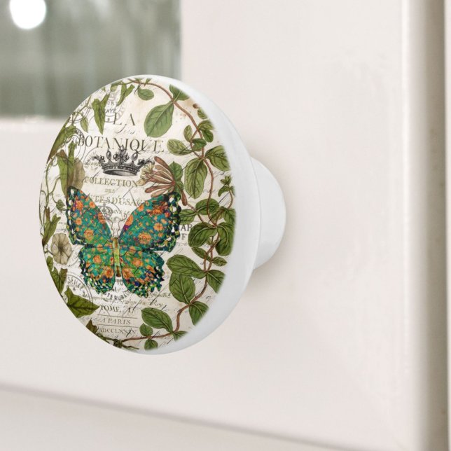 Vintager Botanischer Kunstschmetterling Keramikknauf (Vintage botanical art french country butterfly ceramic knob)