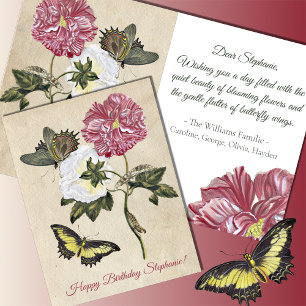Vintager Botanischer Rose Schmetterling Geburtstag Karte
