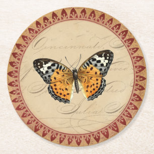 Vintager Botanischer Schmetterling mit Burgunder A Runder Pappuntersetzer