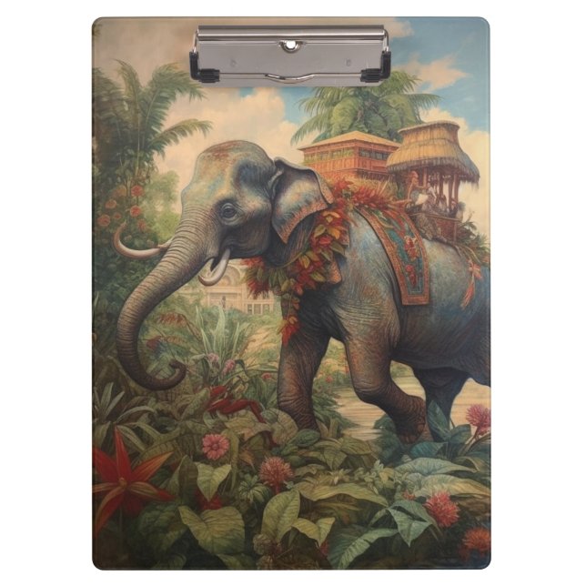 Vintager botanischer Szene-Elefant mit Hewdah Klemmbrett (Vorderseite)