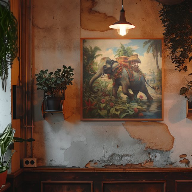 Vintager botanischer Szene-Elefant mit Hewdah Leinwanddruck (Von Creator hochgeladen)