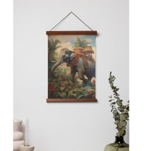 Vintager botanischer Szene-Elefant mit Hewdah Wandteppich Mit Holzrahmen