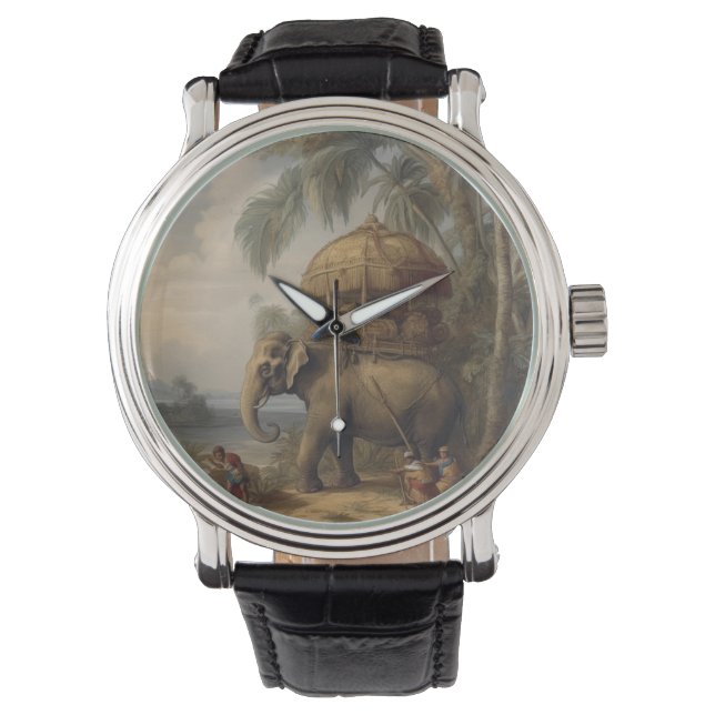 Vintager botanischer Szene-Elefant mit Howdai Armbanduhr (Vorderseite)