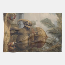 Vintager botanischer Szene-Elefant mit Howdai Geschirrtuch