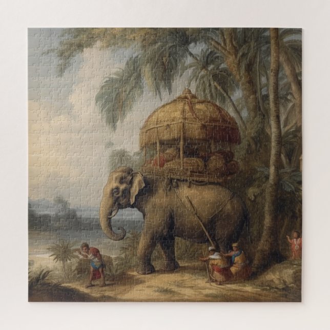 Vintager botanischer Szene-Elefant mit Howdai Puzzle (Vertikal)