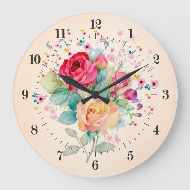 Vintager Bouquet mit Rose und Blume Große Wanduhr (Vorderseite)