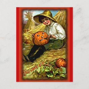 Vintager Boy Carving Pumpkin Halloween Postcard Postkarte