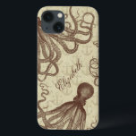 Vintager brauner Kraken mit Ankern Personalisiert Case-Mate iPhone Hülle<br><div class="desc">Dieser wunderschöne antike Oktopus, der* aus dem 19. Jahrhundert zeichne, wurde in Braun aufgefärbt und auf einem hübsch hellbeigen, bedrängten/grunen Hintergrund mit einem schwachen Ankermuster platziert. Das Ergebnis ist ein originelles Gehäuse-Design, das zu Ihrem Thema Wassersport und Strand passt. Der Viktorianische Oktopus hat viele hüpfende Tentakel. Es ist an mehreren...</div>