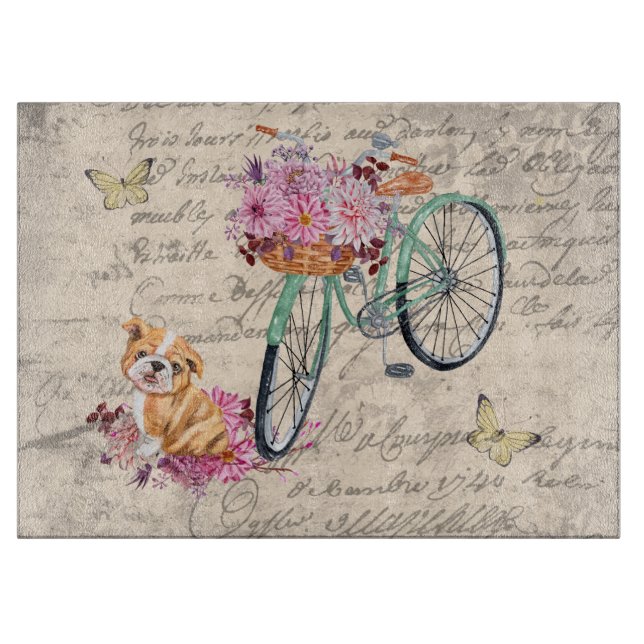 Vintager Bulldog-Blumenradfahrer Ephemera Dekoupag Schneidebrett (Vorderseite)