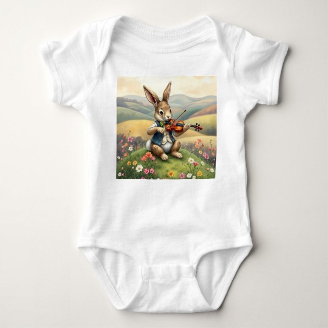 Vintager Bunny Violin Cognac Baby Strampler (Vorderseite)