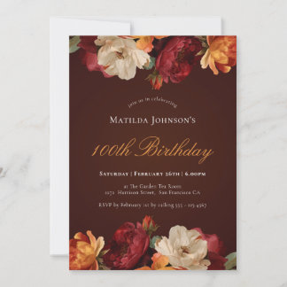 Vintager Burgund Floral 100. Geburtstag Einladung