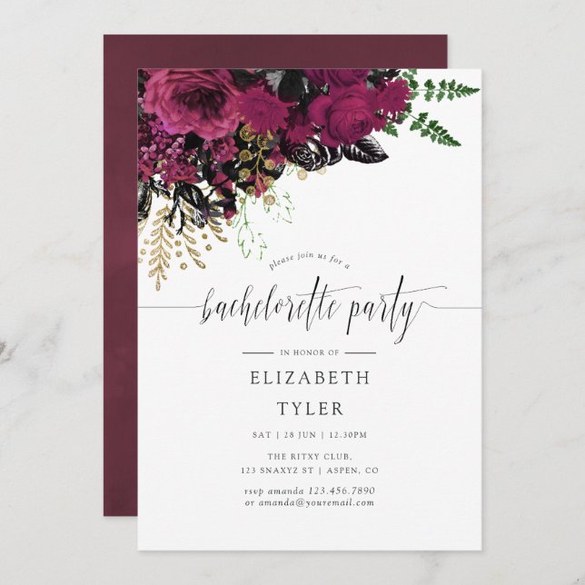 Vintager Burgund & Gold Floral Junggeselinnen-Absc Einladung (Vorne/Hinten)