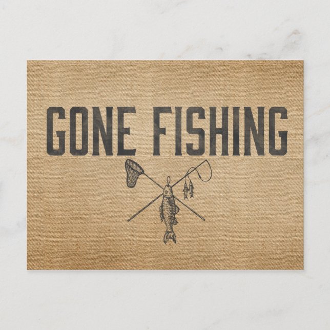 Vintager Burlap Gone Fishing Postkarte (Vorderseite)