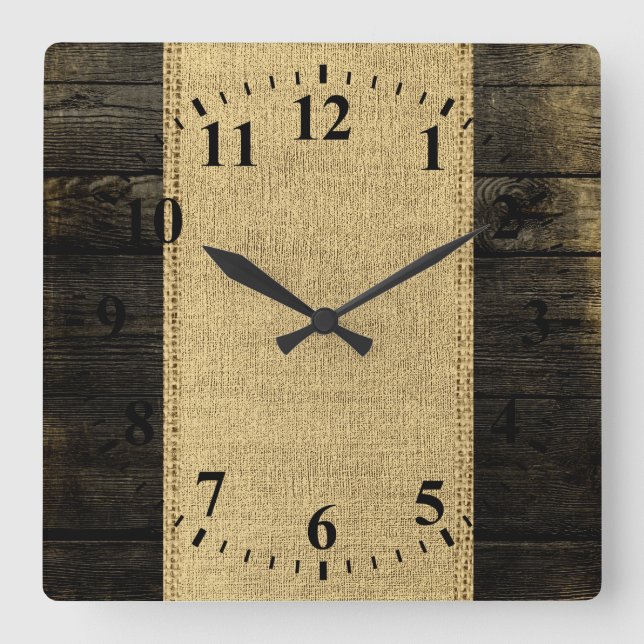 Vintager Burlap Rustic Wood Look #4 Quadratische Wanduhr (Vorderseite)