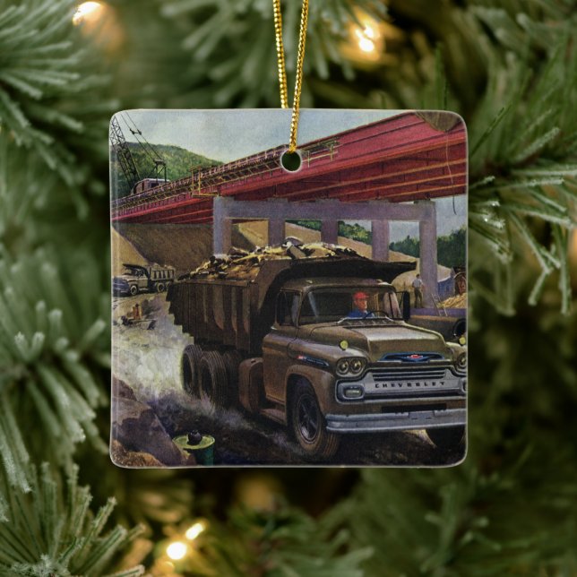 Vintager Business Dump Truck am Baugelände Keramikornament (Baum)