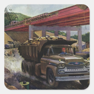 Vintager Business Dump Truck am Baugelände Quadratischer Aufkleber