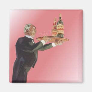 Vintager Butler in einem Tuxedo Wein auf Tray serv Magnet