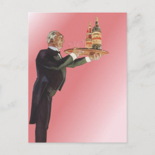 Vintager Butler in einem Tuxedo Wein auf Tray serv Postkarte