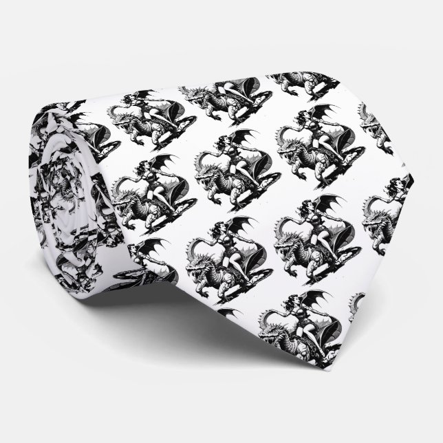 Vintager Button-Up Girl Riding Dragon Krawatte (Gerollt)