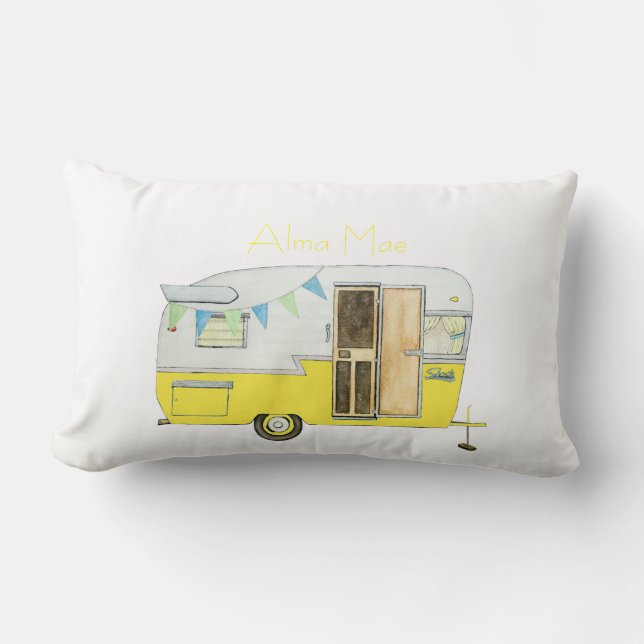 Vintager Camper-Anhänger im gelben lumbalen Kissen (Vorderseite)