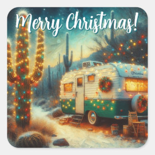 Vintager Camper Saguaro Cactus Christmas Blue Gree Quadratischer Aufkleber