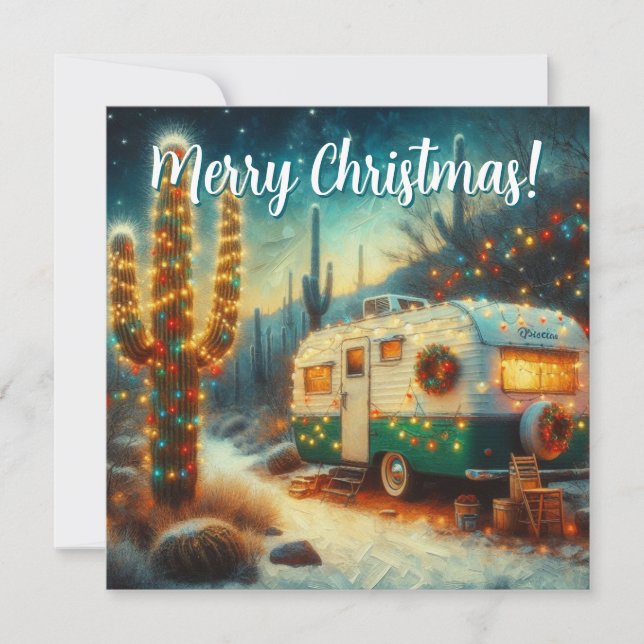 Vintager Camper Saguaro Cactus Christmas Card (Vorderseite)
