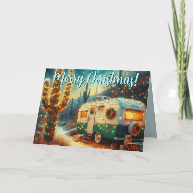 Vintager Camper Saguaro Cactus Christmas Card Karte (Vorderseite)