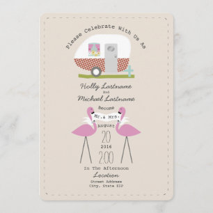 Vintager Camper und Flamingos Hochzeit Einladung