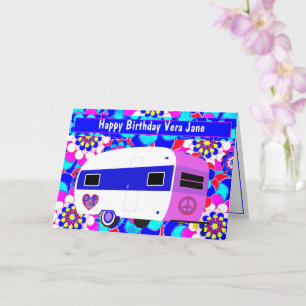 Vintager Camper und Mod Blume Happy Birthday Card Karte