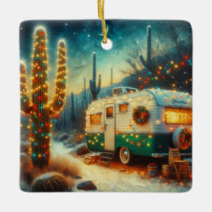 Vintager Camper Weihnachten in der Wüste Saguaro C Keramikornament
