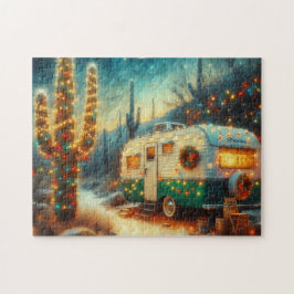 Vintager Camper Weihnachten in der Wüste Saguaro C Puzzle
