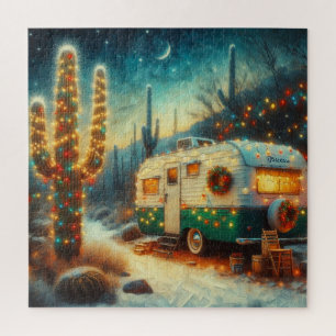 Vintager Camper Weihnachten in der Wüste Saguaro C Puzzle