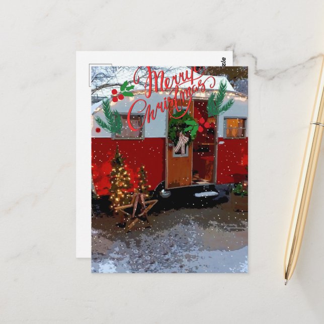 Vintager Camper Weihnachten Postkarte (Vorderseite/Rückseite Beispiel)