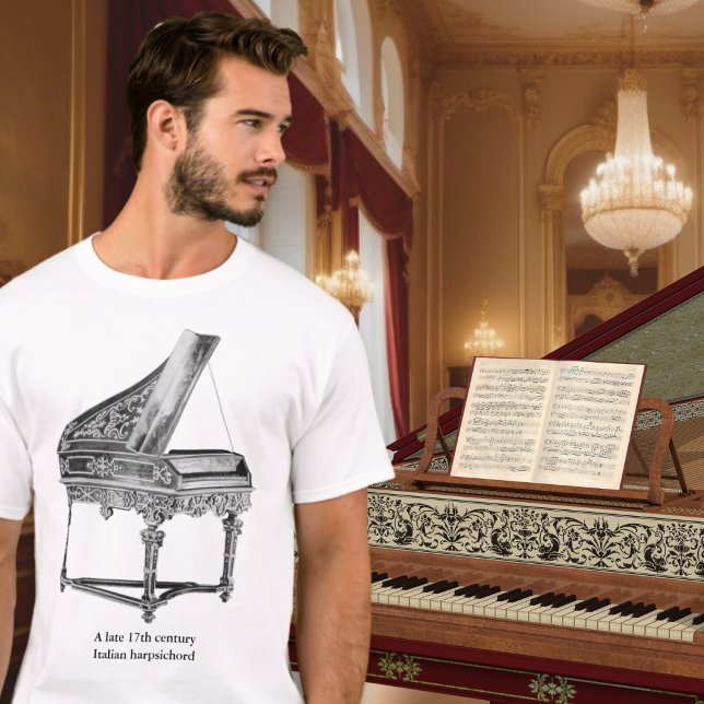 Vintager Cembalo Musikinstrumentenüberlauf T-Shirt (A t-shirt with photo of a vintage Italian harpsichord, ideal for musicians and fellow music lovers)