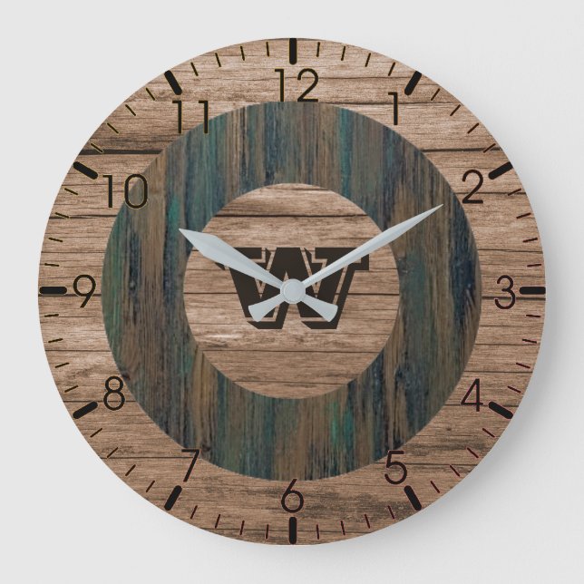 Vintager Charm Wood Grain - Mit Monogramm Große Wanduhr (Vorderseite)