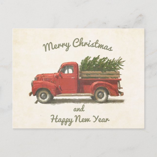 Vintager Charme: Roter LKW, der Weihnachtsbaum trä Postkarte (Vorderseite)