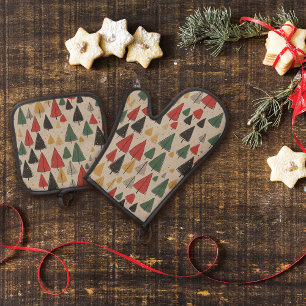 Vintager Charme: Weihnachtsbaummuster Ofenhandschuh & Topflappen-Set