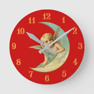 Vintager Cherub in Crescent Moon Runde Wanduhr