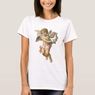 Vintager Cherub mit blumengeschmücktem Shabby Chi T-Shirt