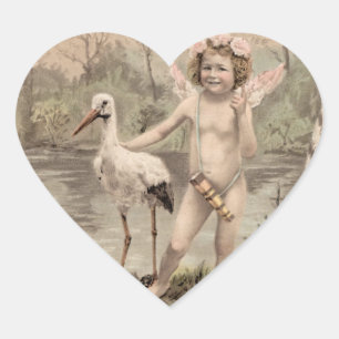Vintager Cherub mit Storch am See Herz-Aufkleber