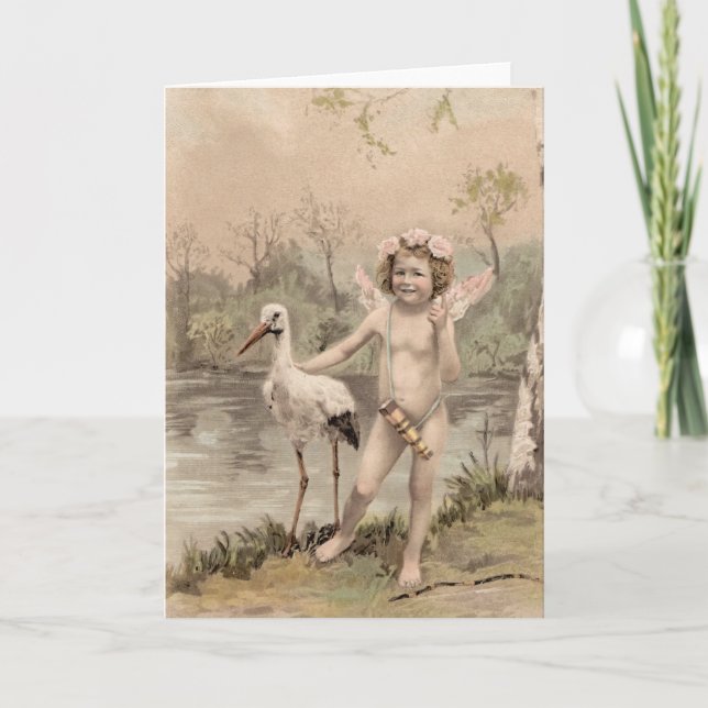 Vintager Cherub mit Storch am See Karte (Vorderseite)