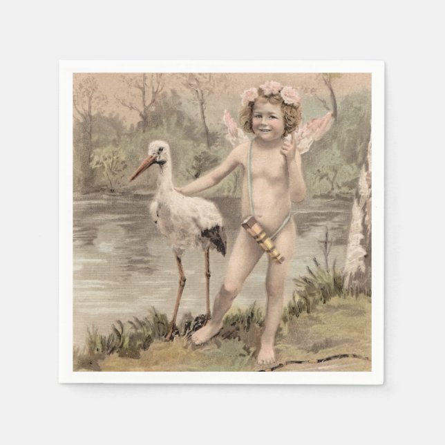 Vintager Cherub mit Storch am See Serviette (Vorderseite)