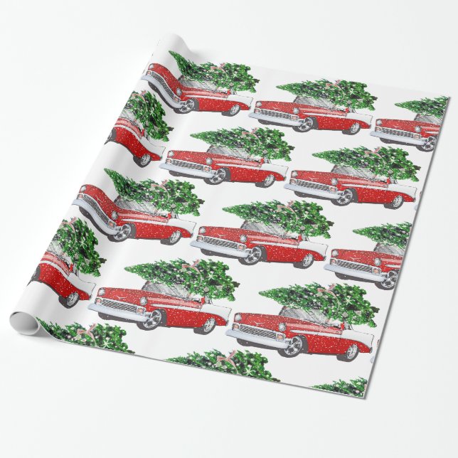 Vintager Chevy mit Weihnachtsbaum Geschenkpapier (Ungerollt)