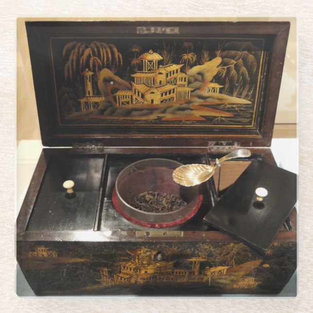 VINTAGER CHINESISCHER TEE-KASTEN GLASUNTERSETZER (Vorderseite)