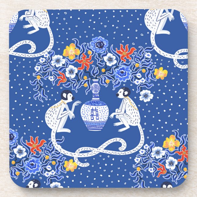 Vintager Chinoiserie Affe und Blume Keuchkissen Getränkeuntersetzer (Vorderseite)
