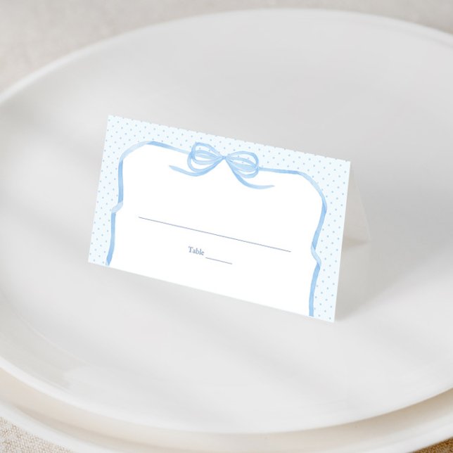 Vintager Coquette Blauer Bow Polterabend Platzkarte (Light blue watercolor bow and frame baby boy shower place cards)