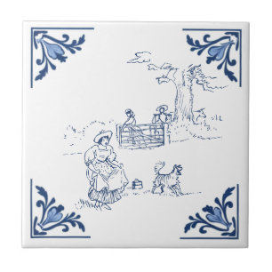 Vintager Country Walk mit Hund Delft Blau und Weiß Fliese