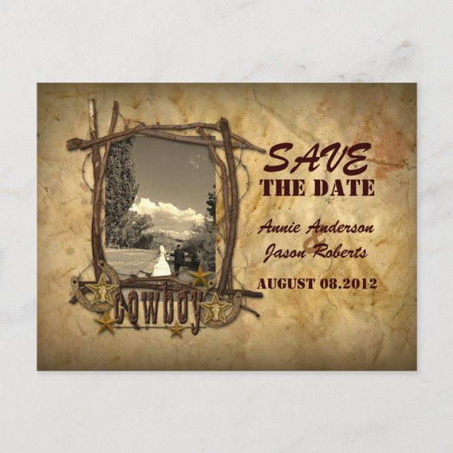 Vintager Cowboy Save the Date Fotokarte Ankündigungspostkarte (Vorderseite)