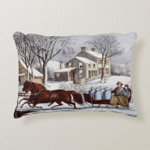 Vintager Currier & Ives Winter Schlitten Dekokissen
