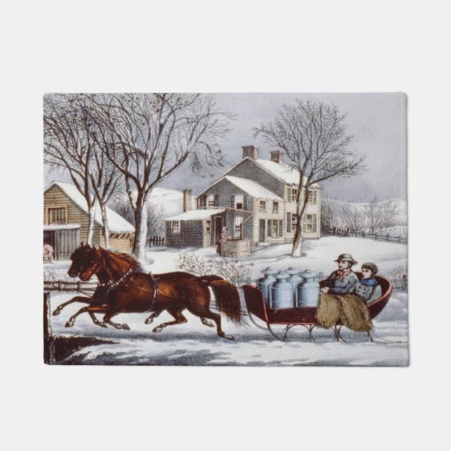 Vintager Currier & Ives Winter Schlitten Fußmatte (Vorderseite)
